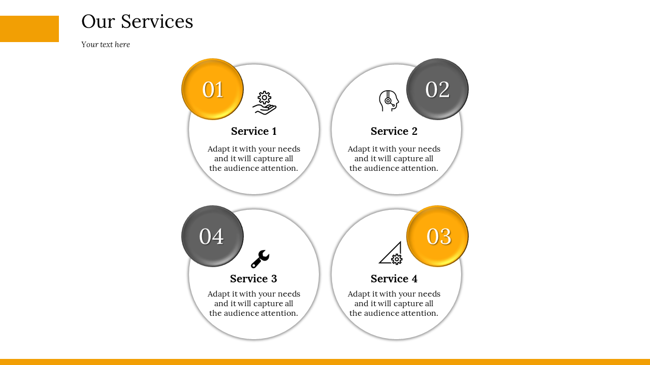 Our Services slide with four circular icons representing service categories, including gear, brain, wrench, and compass.