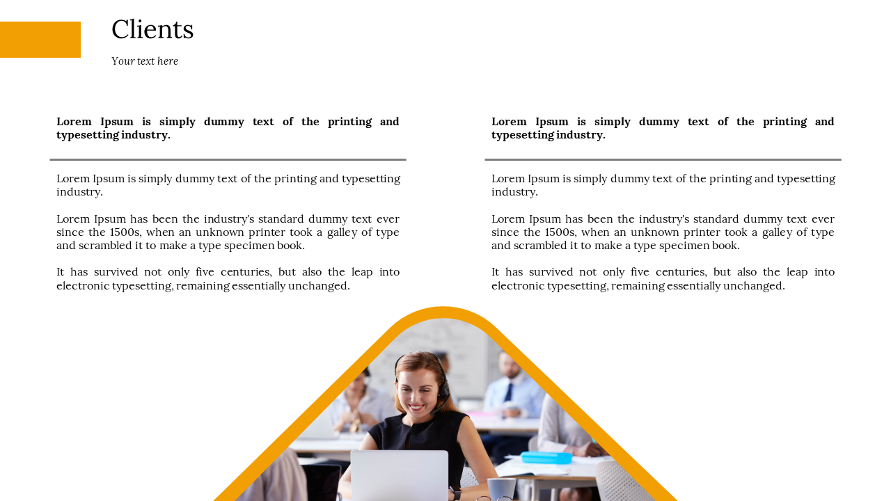 Clients slide with text placeholders for business details and a photo of a woman working on a laptop in a white theme.