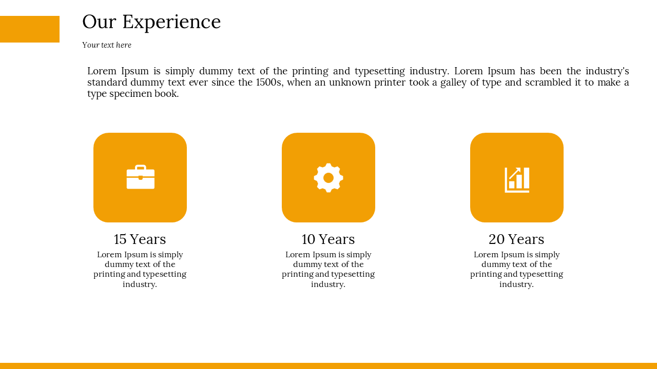 Experience slide featuring orange icons and text for 15, 10, and 20 years on a white backdrop.