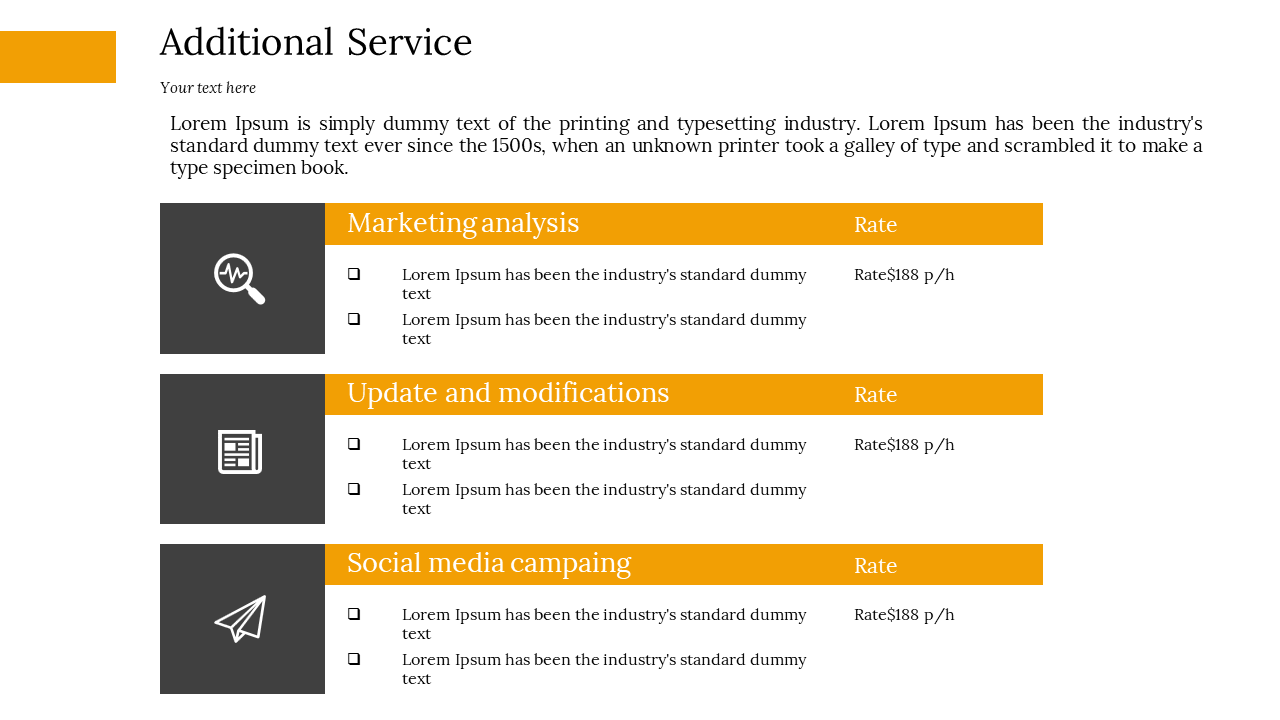 Additional service slide featuring three orange and black icons and rates with placeholder text on a white backdrop.