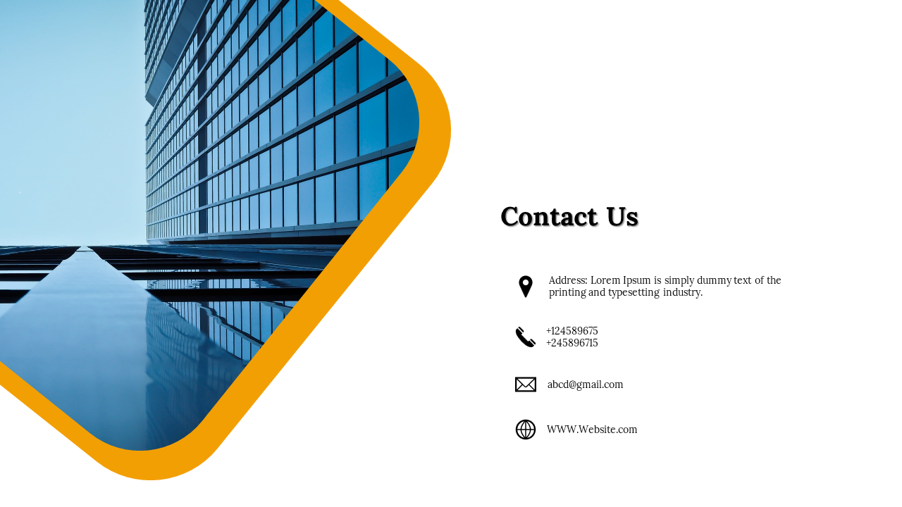 Contact Us slide with address, phone numbers, email, and website information along with a building background.