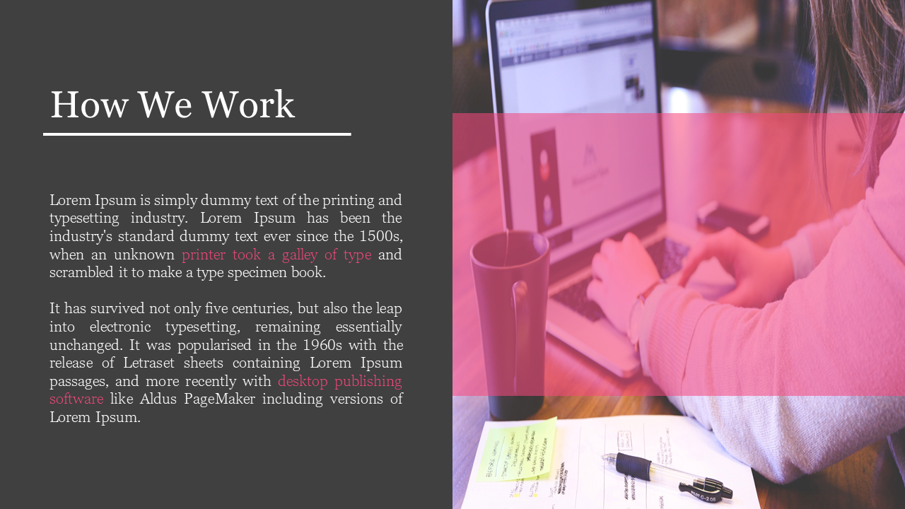 Close up of a person working on a laptop, with documents and a coffee cup, alongside a description in a dark theme.