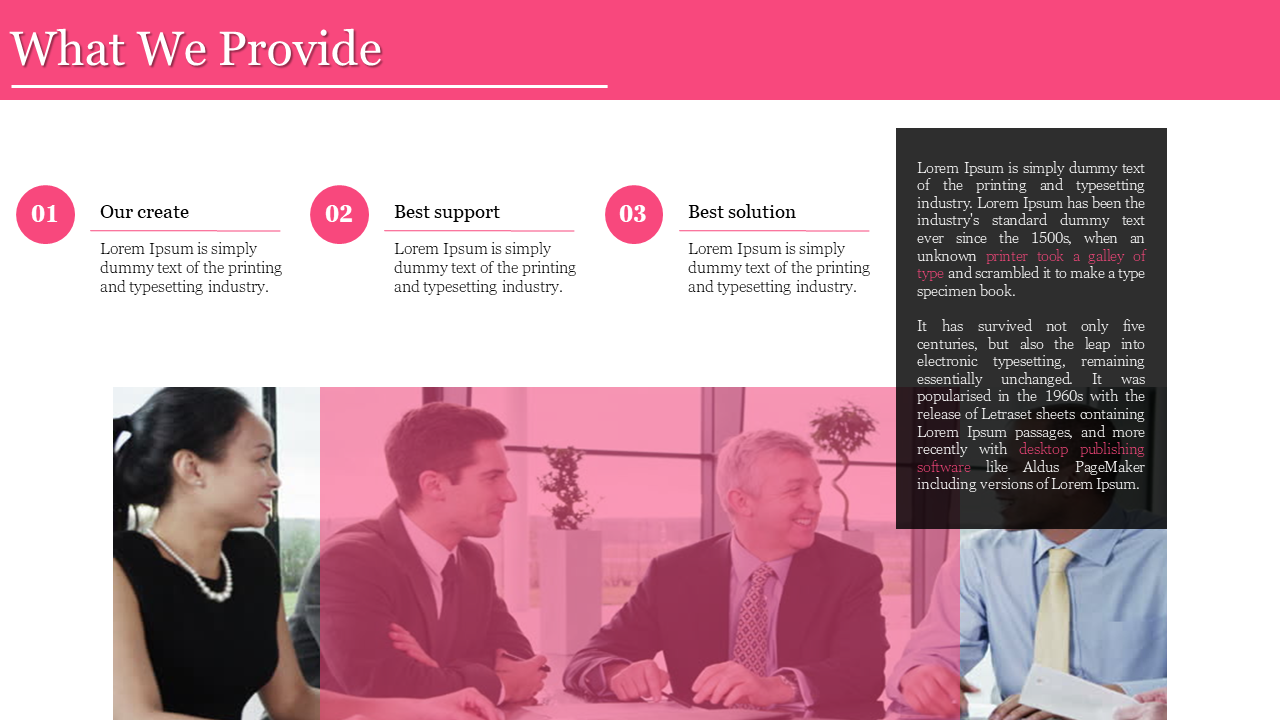 A team of professionals is discussing ideas, with headings alongside a description on a white backdrop.
