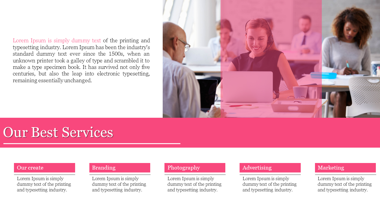 Business professionals working in an office setting showcasing five services with text descriptions on white and pink theme.