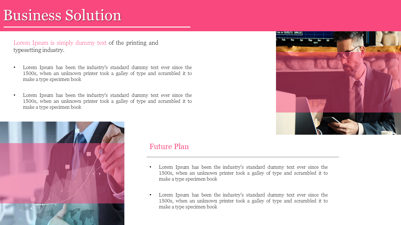 Business solution slide featuring a man working on a laptop and analyzing data, with a text description on a pink and white backdrop.