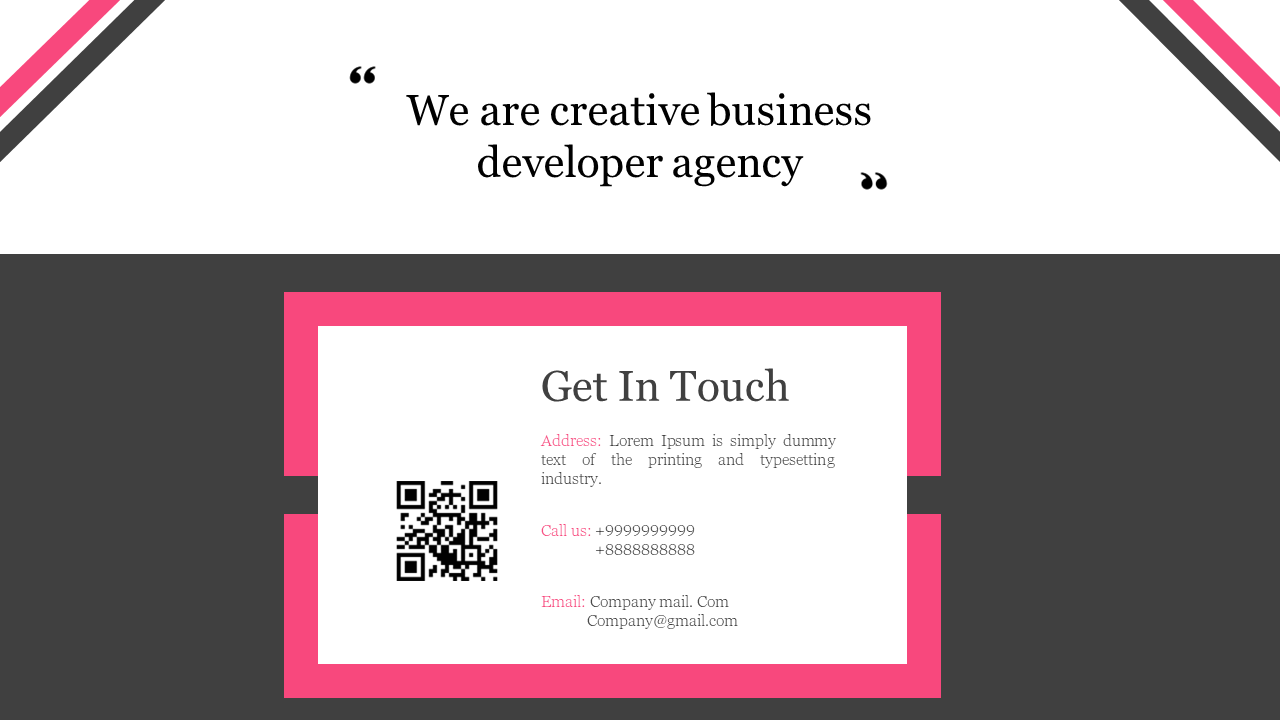 Business contact slide with quote and details including a QR code, address, phone numbers and email in white and dark theme.