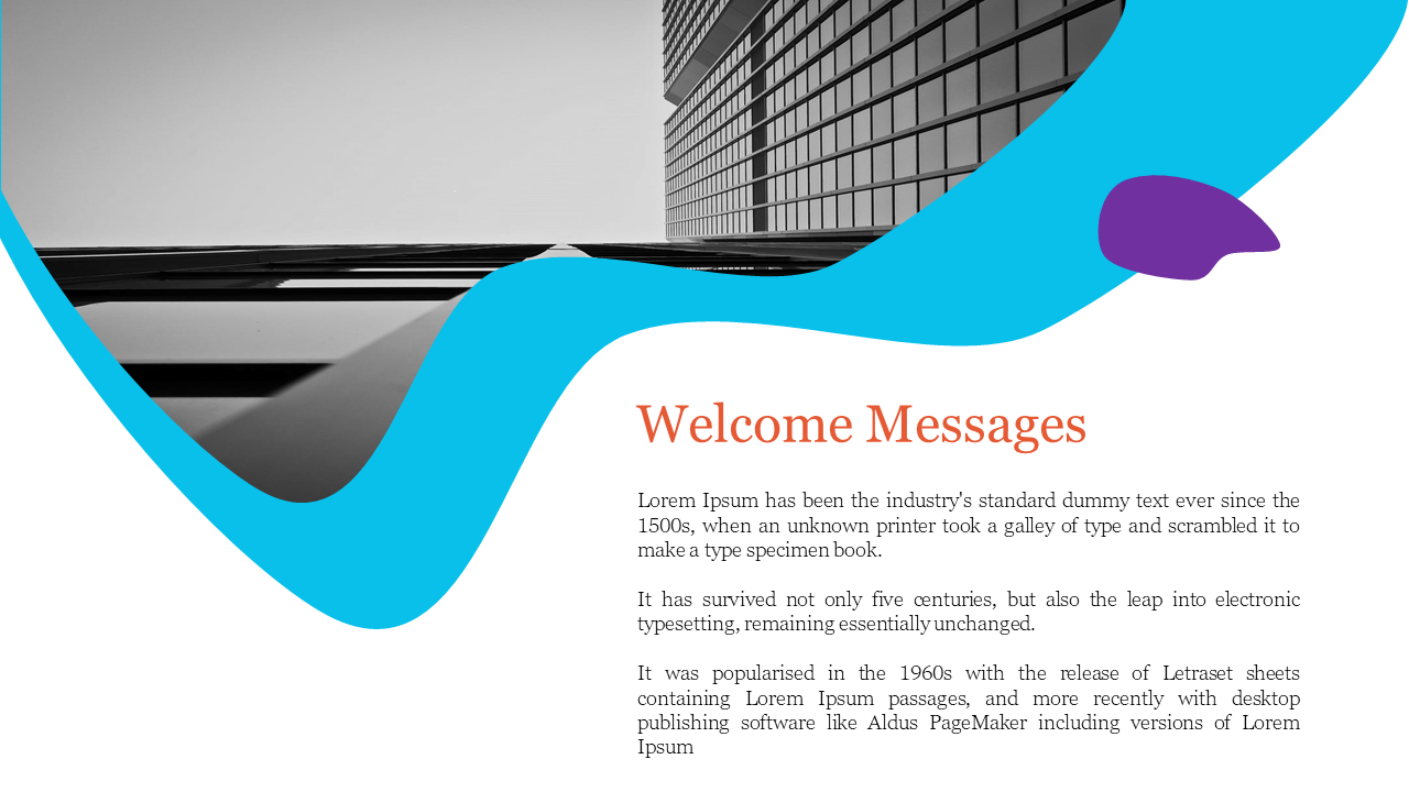 Welcome message slide with a photo of a modern building and abstract blue and purple design elements with placeholder text.