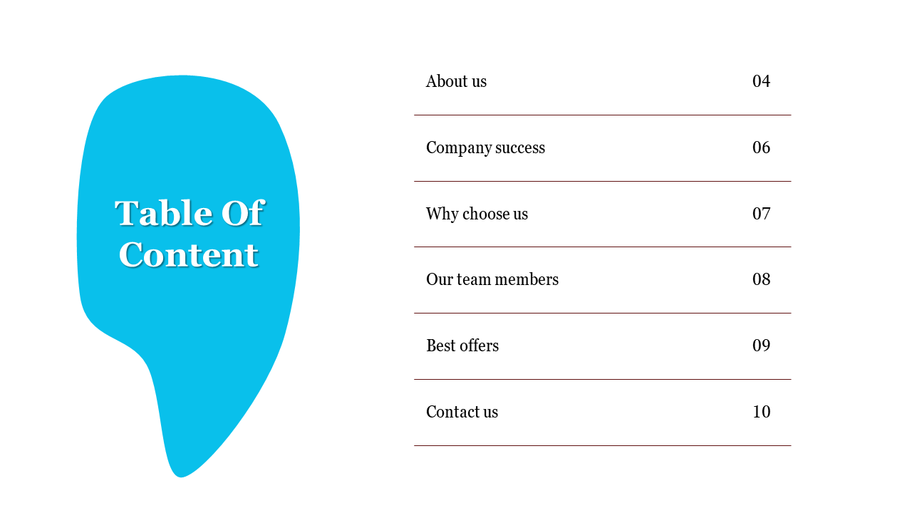 Slide with a table of contents, featuring a blue background design and listing various sections on a white backdrop.