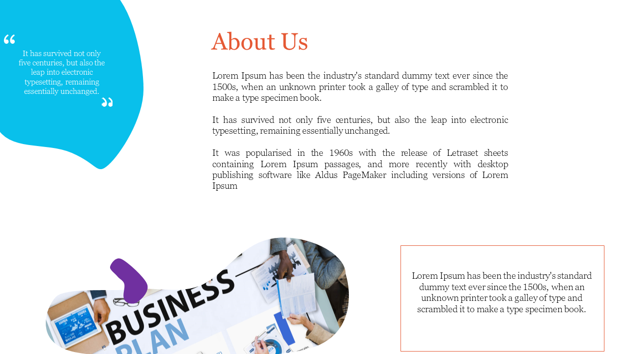About Us slide with a blue and orange design, featuring a quote and a placeholder text on a white backdrop.