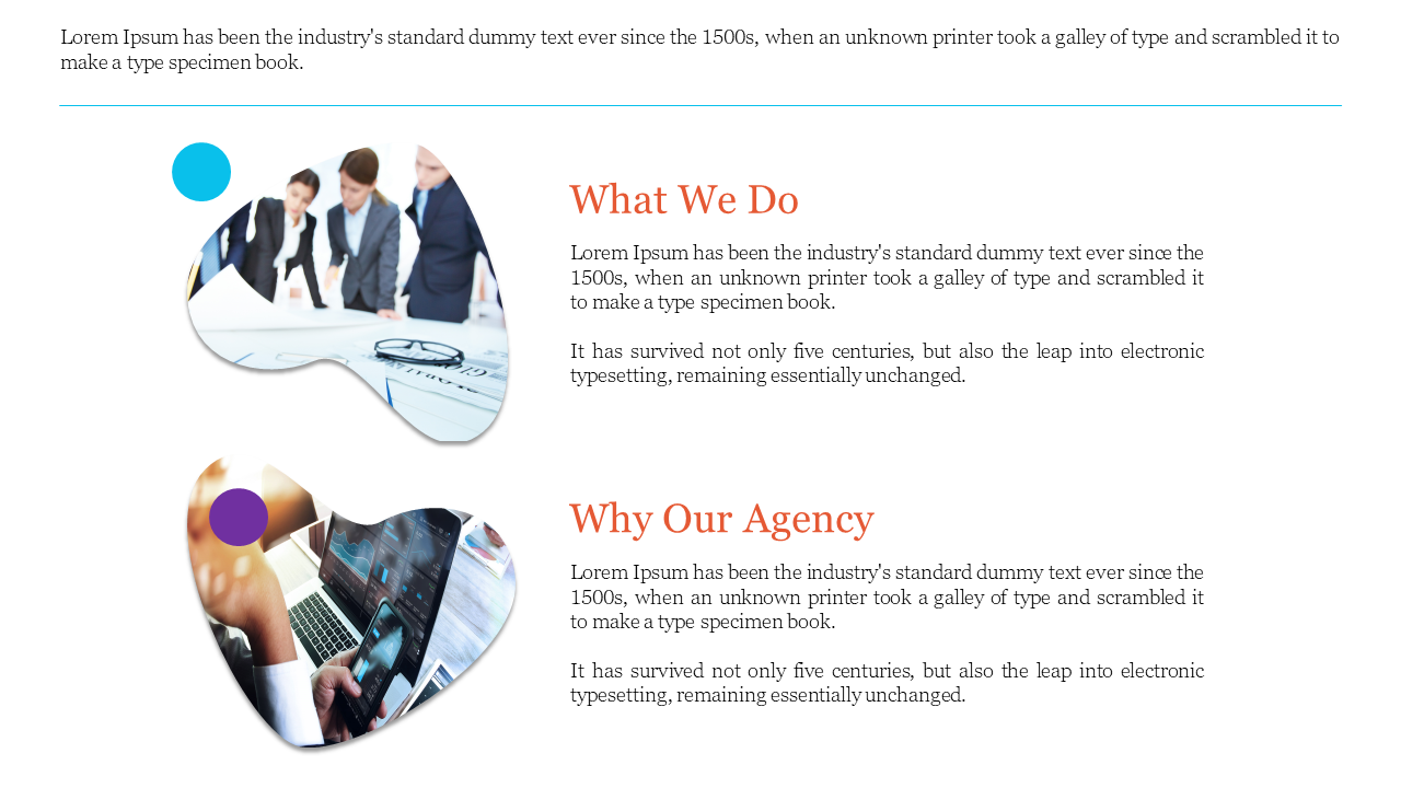 Slide with two sections featuring images of business professionals discussing plans and analyzing data on laptops and phones.