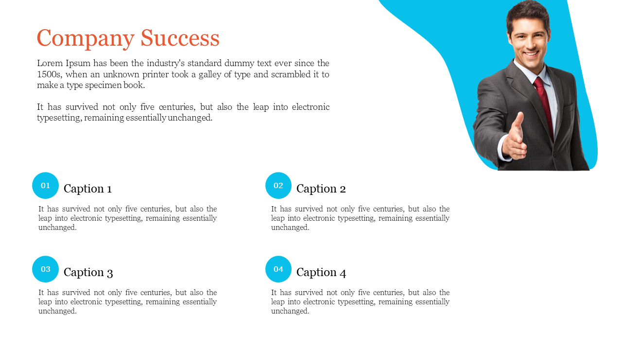 Company success slide with a photo of a businessperson giving a handshake, and four captions on a white backdrop.