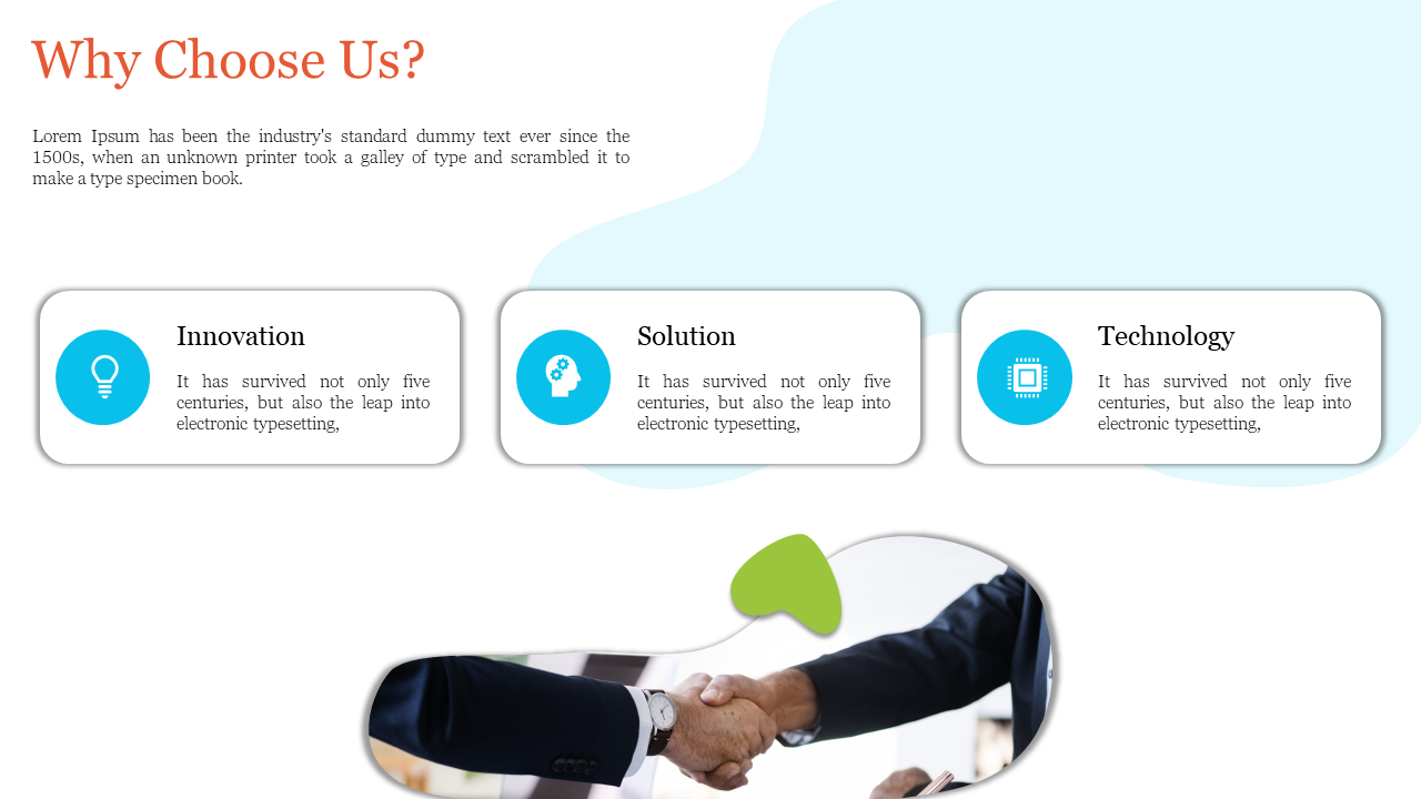Why Choose Us slide with three key sections each with a blue icon and description with a handshake image on a white theme.