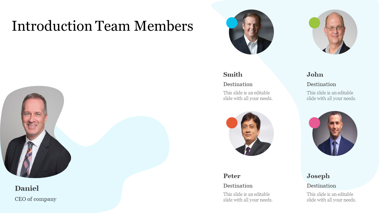 Introduction slide featuring team members with names and titles with their photos and a brief text about their roles.