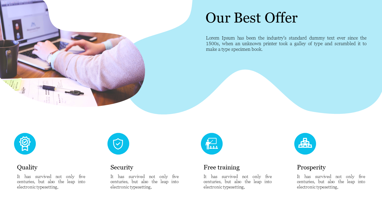 Business offer slide with four sections and a blue icon with a description, alongside a photo of a professional working.