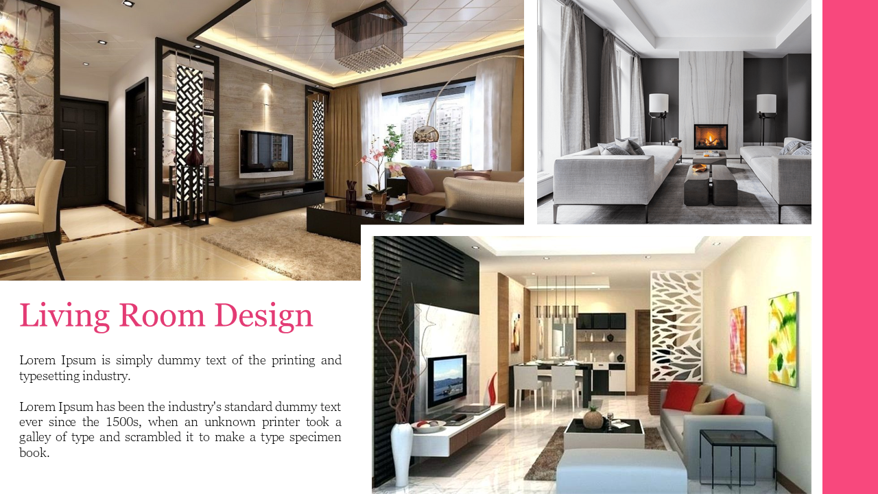 Living Room Design features four different interior designs with modern furniture, decor, and cozy settings, with text.