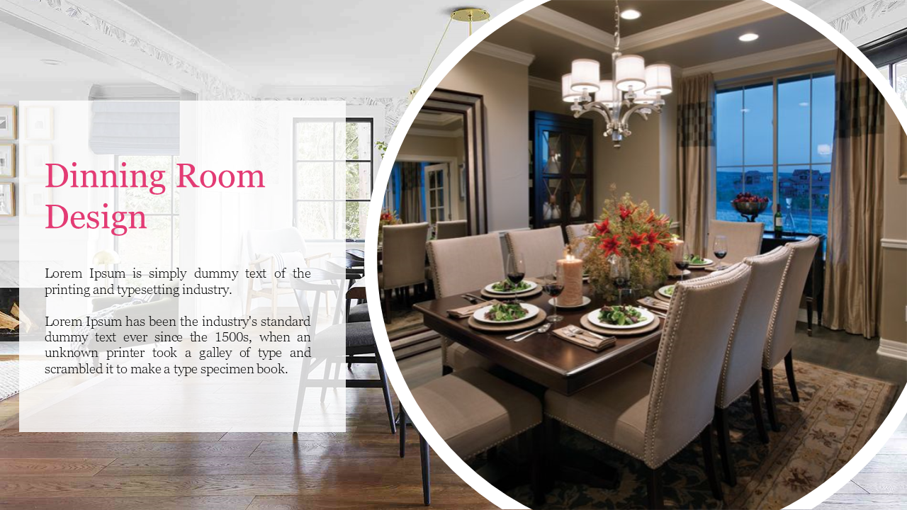 Dining Room Design featuring an elegant dining room setup with a chandelier, and beautiful decor, with Lorem Ipsum text.