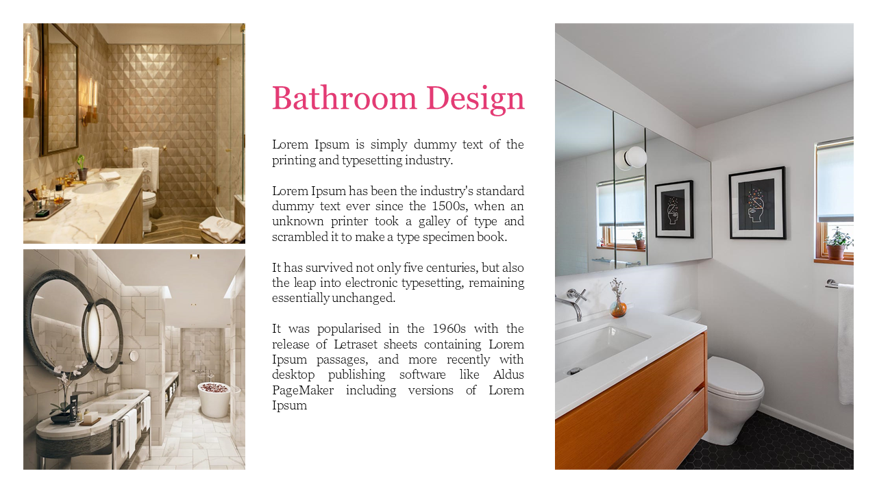 Bathroom Design slide featuring elegant bathroom interiors with marble finishes, modern fixtures, and clean designs with text.