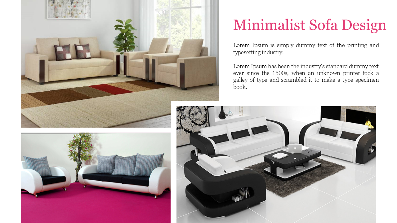 A Minimalist Sofa Design slide showcasing three modern and minimalist sofa designs, with placeholder text.