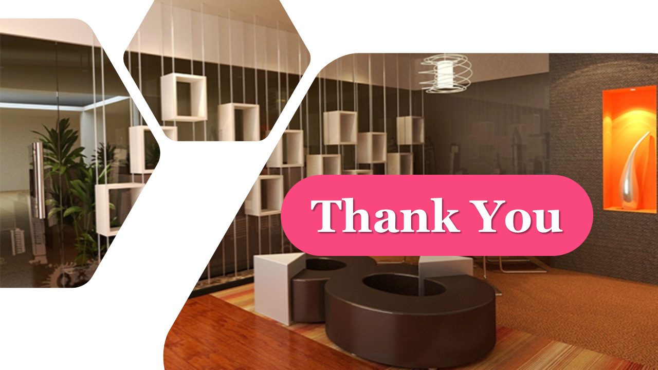 A slide with the message thank you displayed prominently on a pink background, featuring two images of modern office spaces.