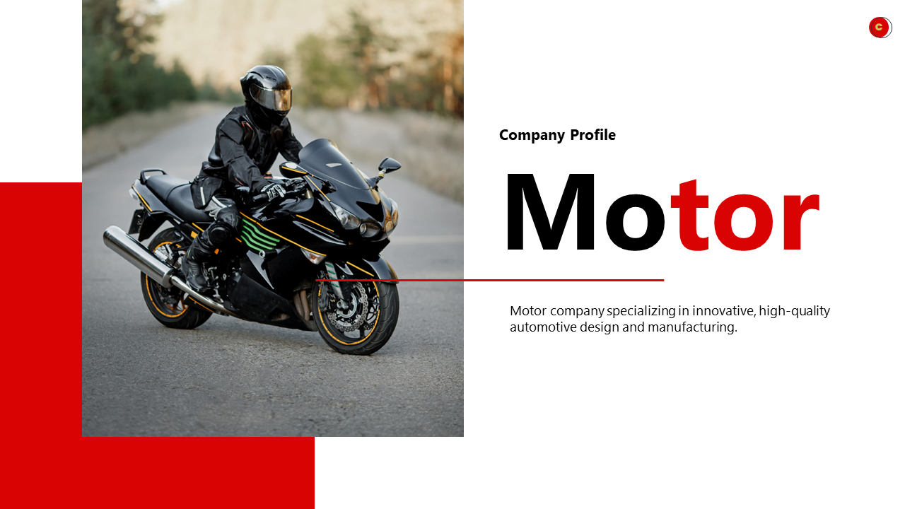 A Company Profile slide featuring a motorcycle image and a description on a red and white backdrop. 