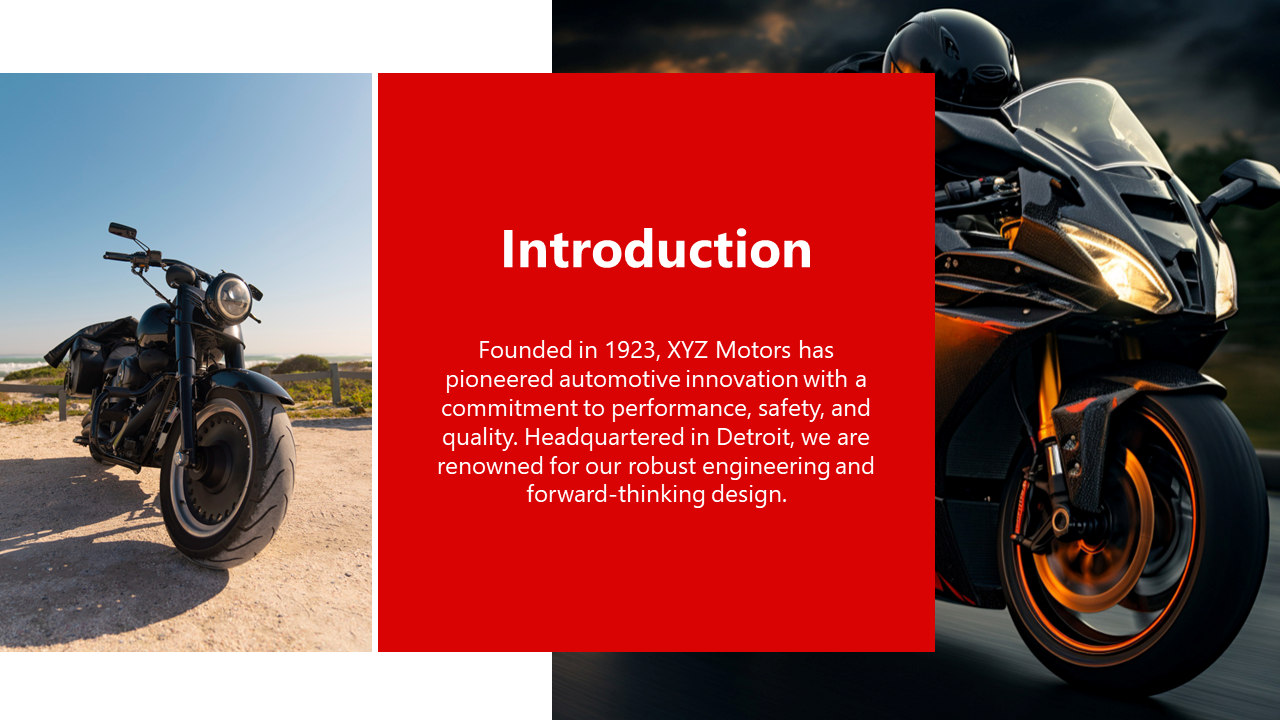 Introduction slide featuring two motorcycle images, with the text description on a red theme.