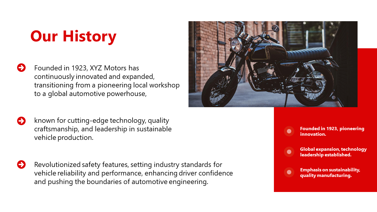 Our history slide features bullet points describing the history of XYZ Motors alongside an image of a motorcycle.