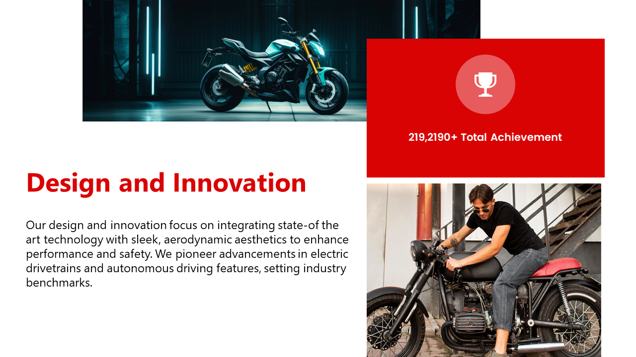 A design and innovation slide featuring a modern motorcycle and text highlighting XYZ Motors on a red and white backdrop.