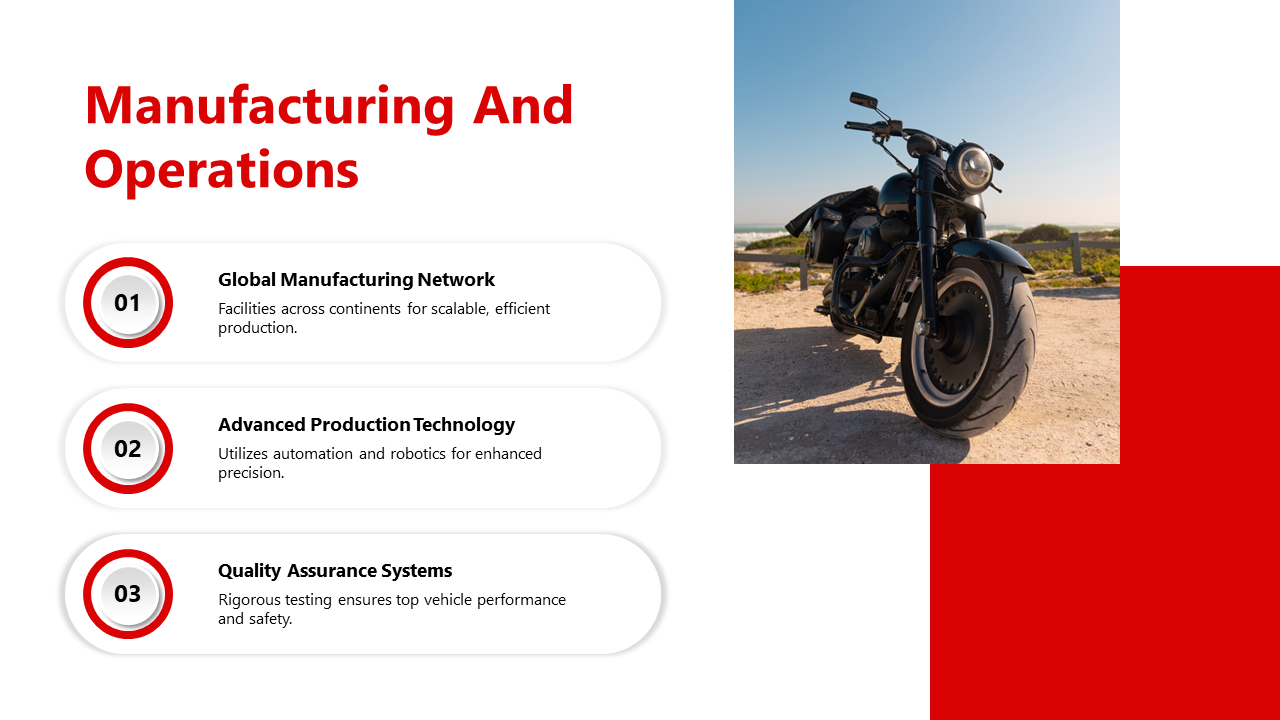 Manufacturing and Operations slide with three key points alongside an image of a black motorcycle on white and red backdrop.