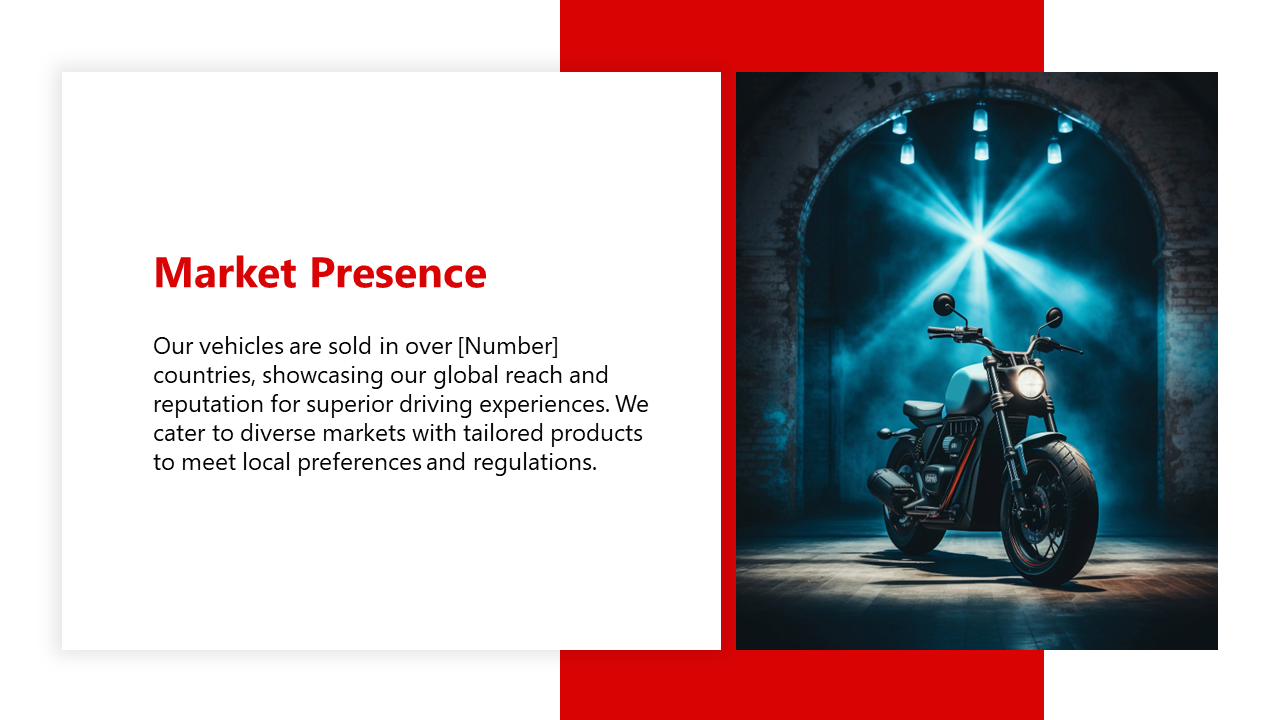 Market presence slide with text describing XYZ Motors global presence with a image of a motorcycle in white and red backdrop.