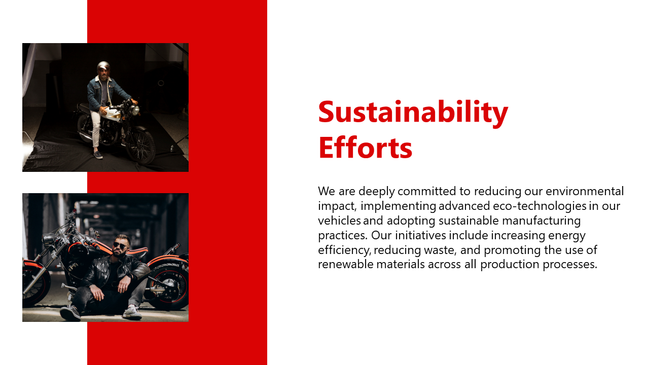 Sustainability efforts slide outlining XYZ Motors with images of individuals with motorcycles on a white and red theme.