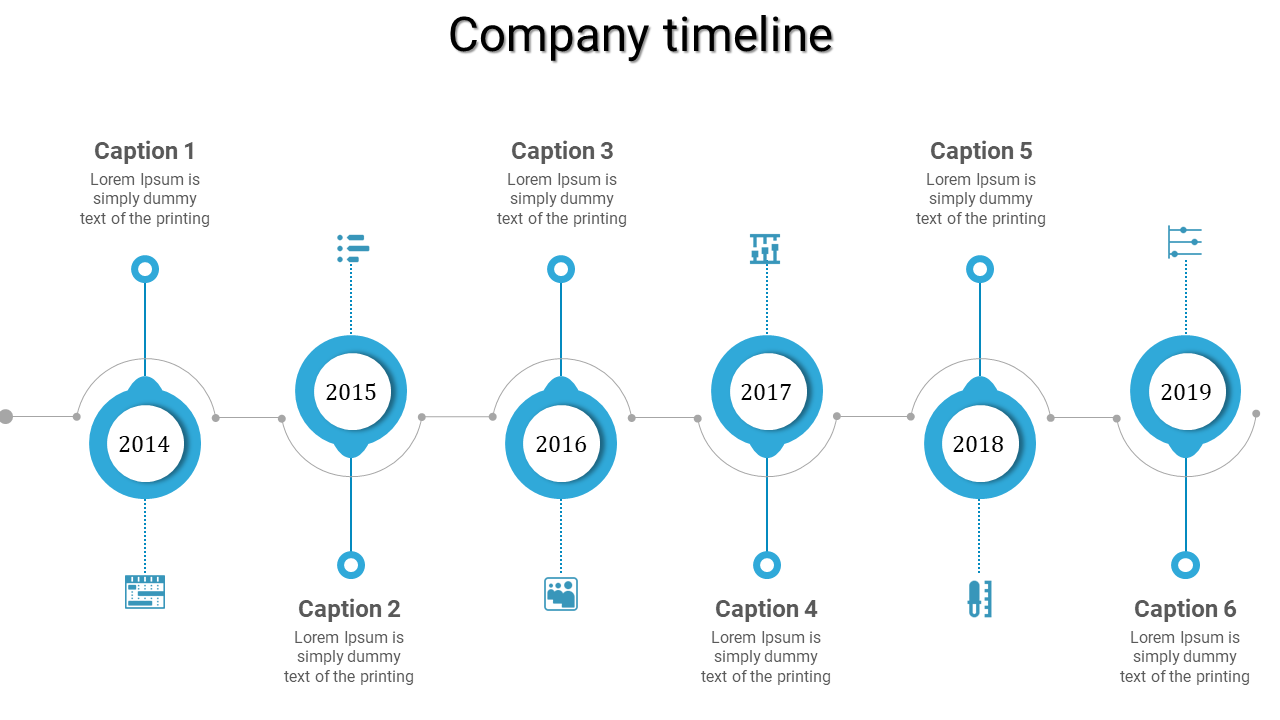 Company timeline slide featuring a horizontal timeline with six blue circles with the year inside and a small icon below.