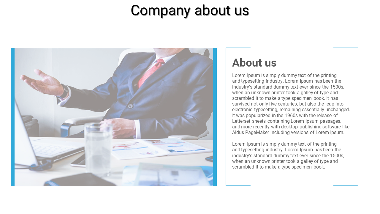Company About Us slide featuring a business professional with their hand raised in conversation, with a laptop and documents.
