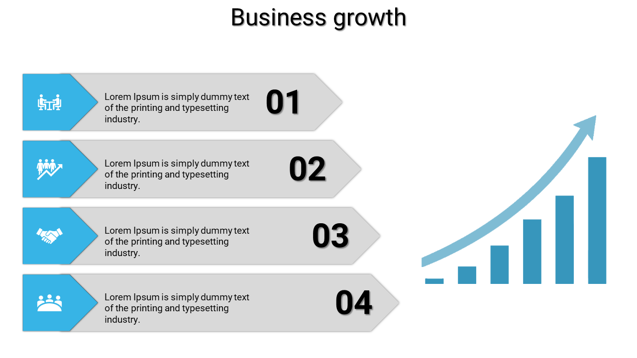 Business Growth slide featuring four numbered arrows with blue icons and placeholder text on a white backdrop.