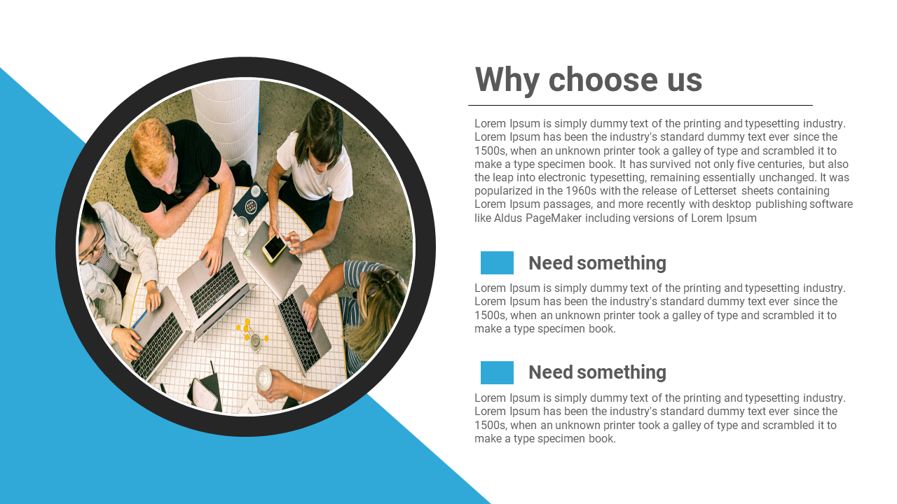 Why Choose Us slide featuring a circular image of a team collaborating around a table with laptops on a white and blue theme.