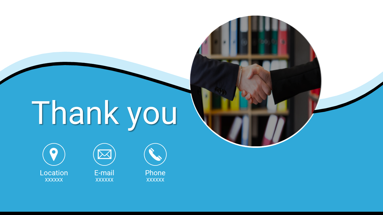 Thank You slide featuring a handshake between 2 individuals with icons for location, email and contact details in blue theme.