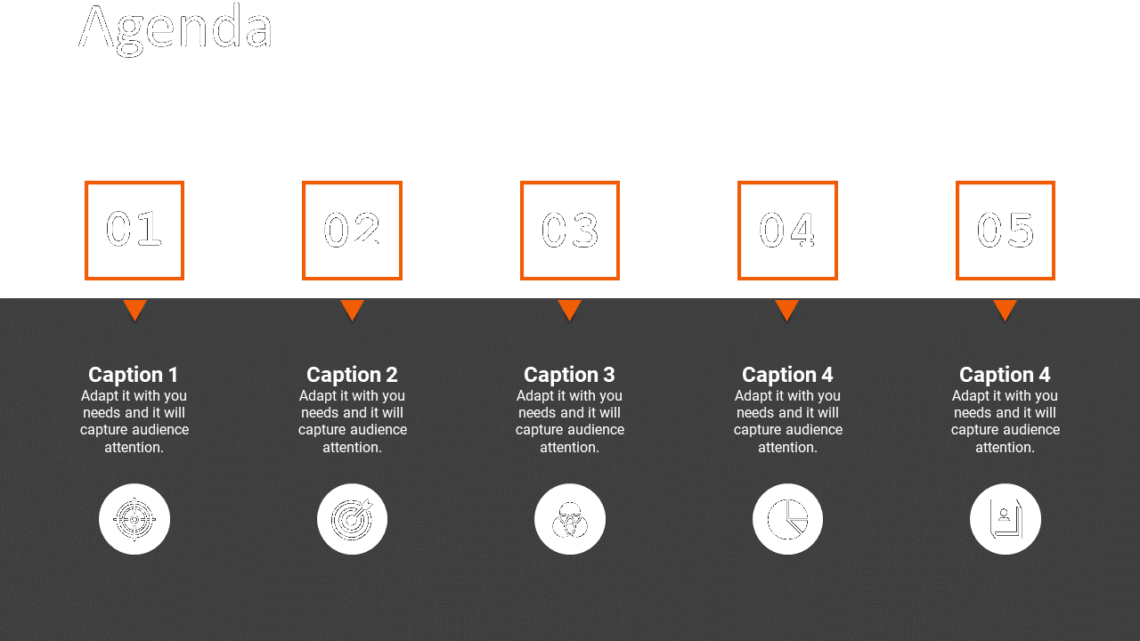 Agenda slide with five numbered items, each accompanied by an icon and a caption on a white and black backdrop.
