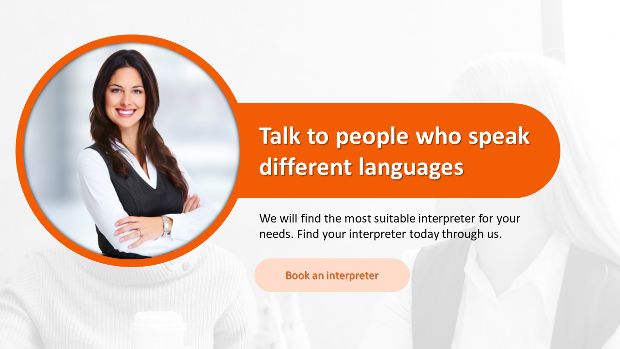 A promotional slide featuring a smiling woman with a caption inviting users on a white and orange backdrop.