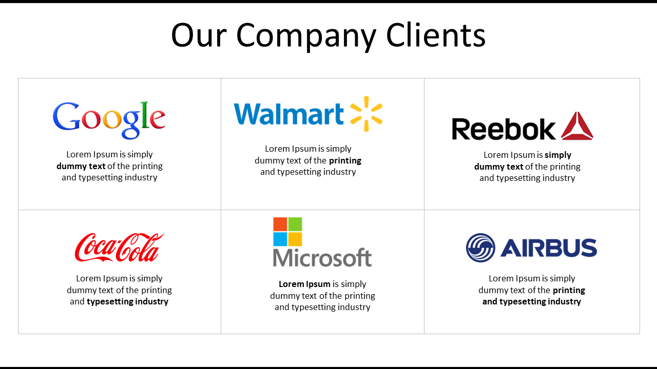 Logos of major companies Google, Walmart, Reebok, Coca Cola, Microsoft, and Airbus with placeholder text below.