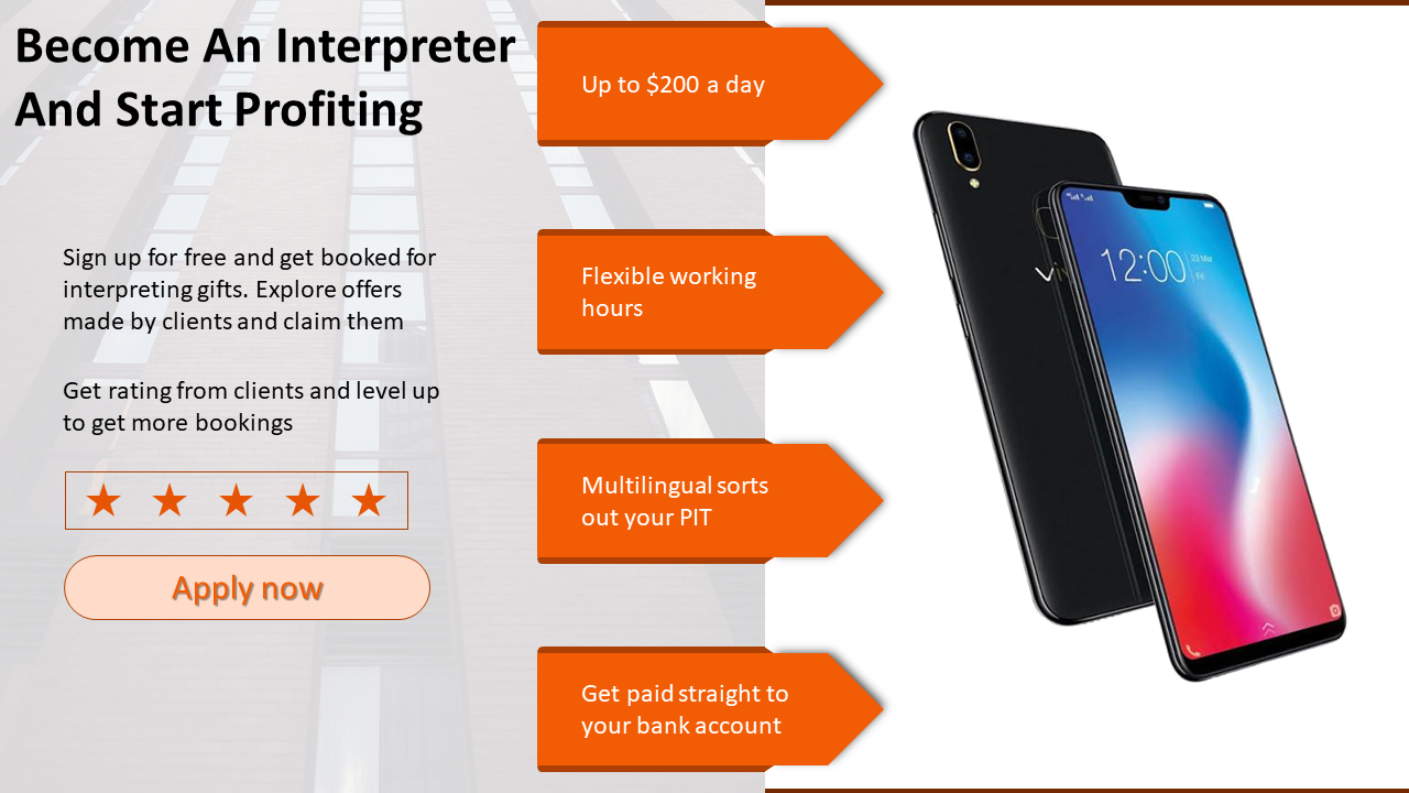 Slide for interpreting services featuring a mobile phone and four orange features on a white theme.