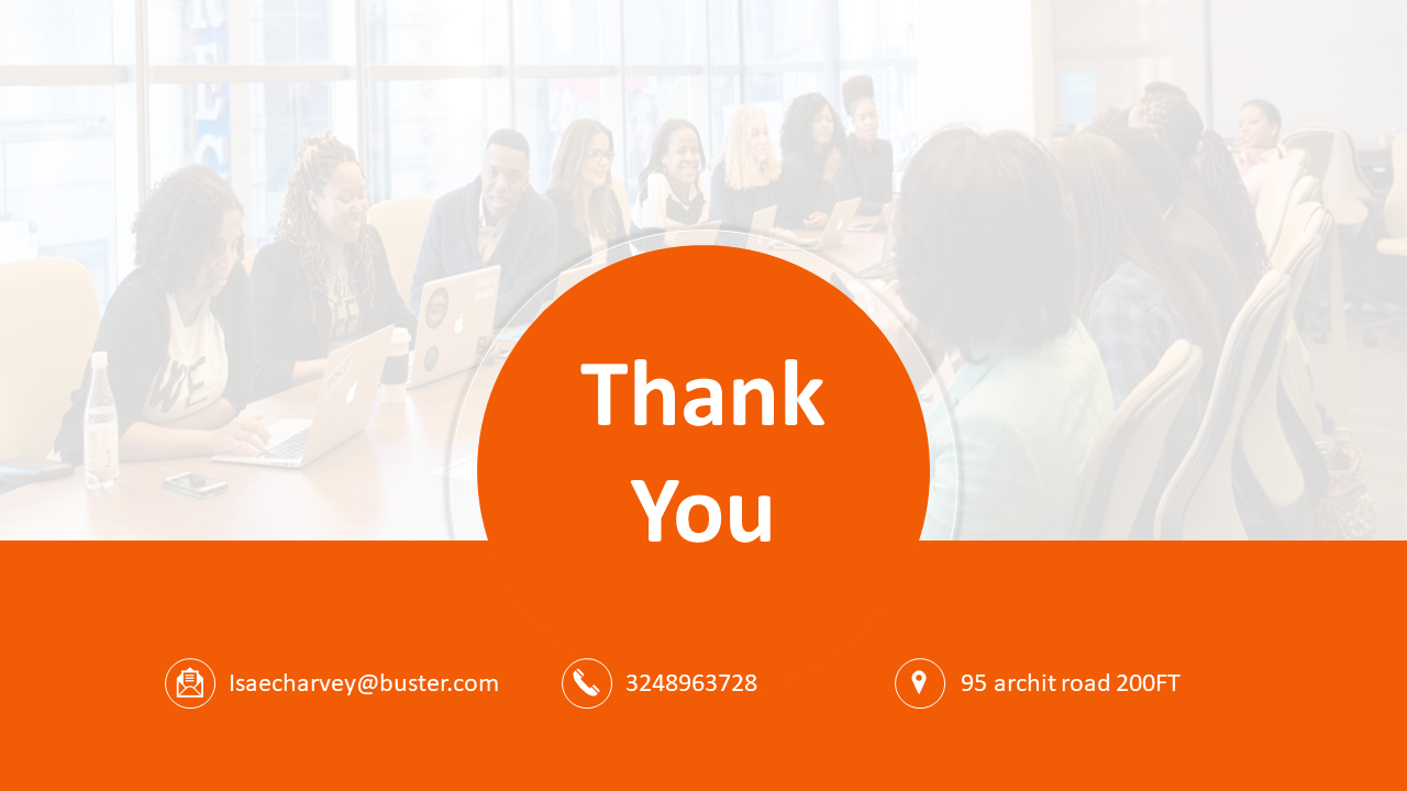 Orange thank you slide with contact information, featuring a team in a meeting and icons for email, phone, and address.
