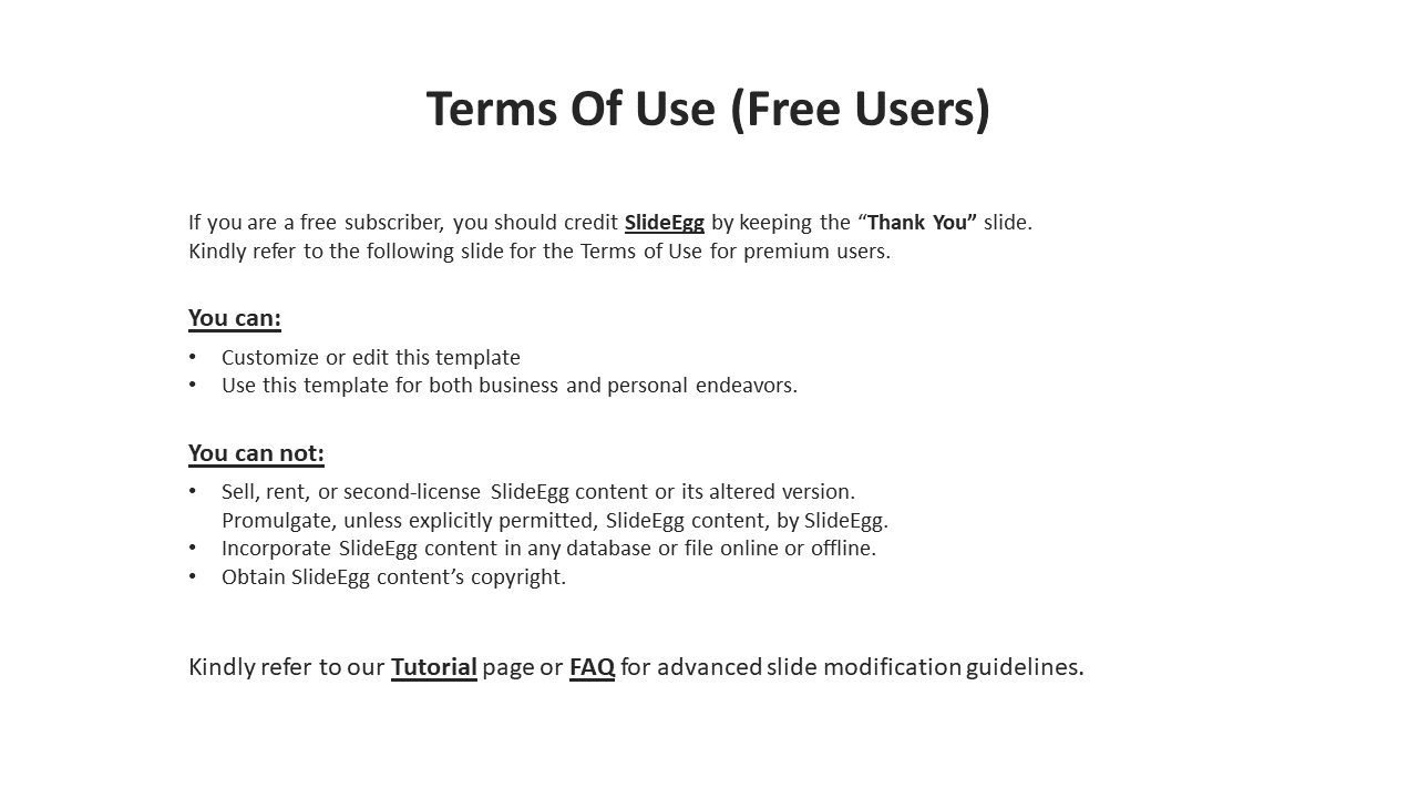 SlideEgg Terms of Use for free users, outlining what users can and cannot do with the templates in a white theme.