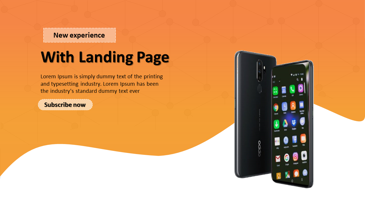Promotional slide showcasing a smartphone with a landing page theme, featuring the text on an orange and white theme.