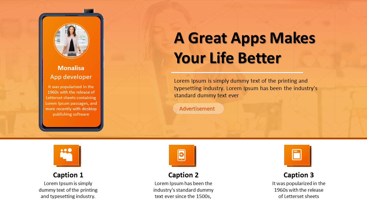 Slide promoting an app with an image of the app developer Monalisa and a description along with captions in an orange theme.