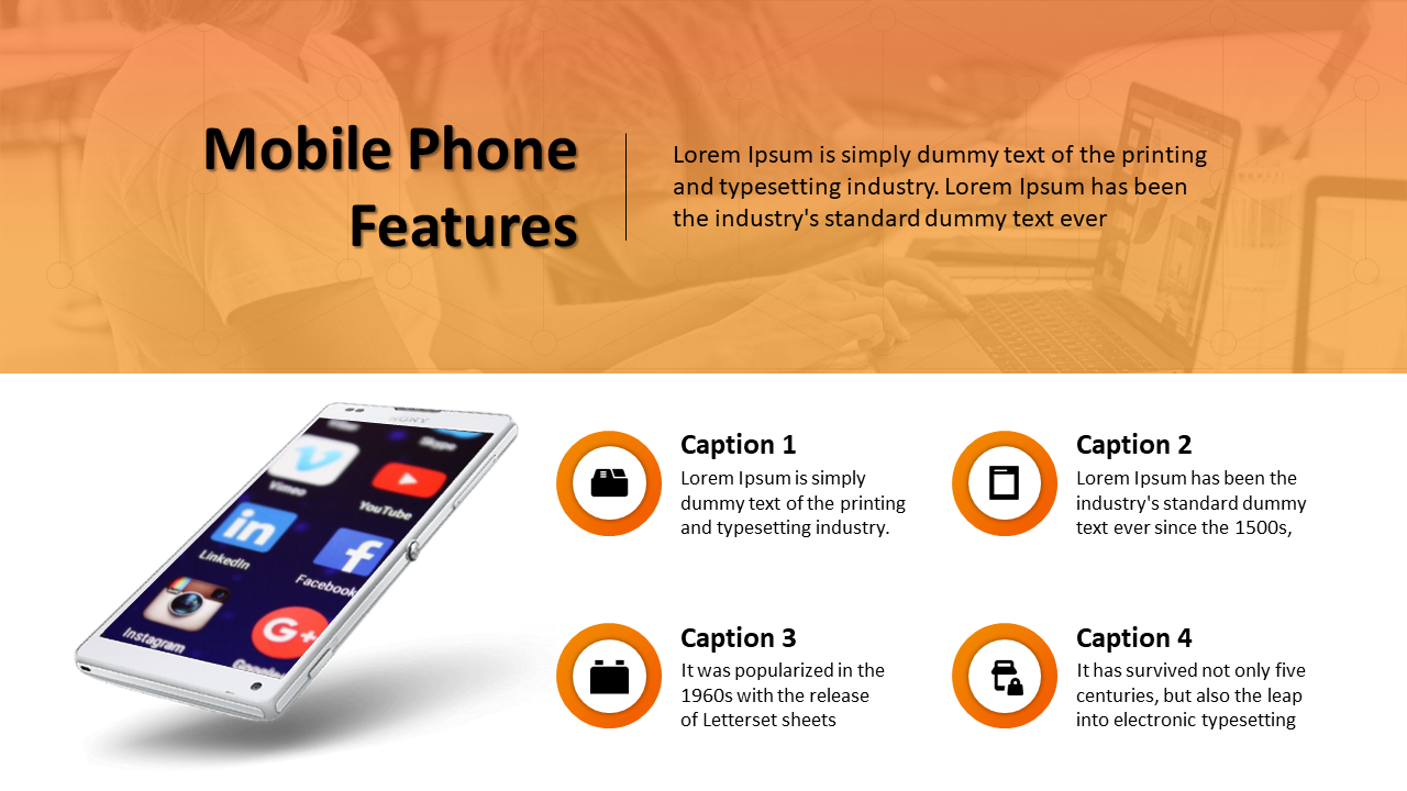 Mobile phone features slide showcasing a smartphone with social media app icons on an orange and white theme.