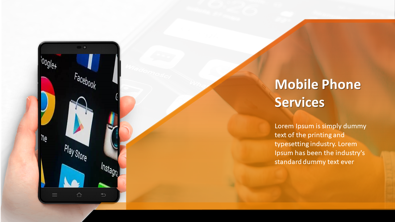 Mobile phone services slide with a hand holding a smartphone displaying app icons on an orange and white backdrop.