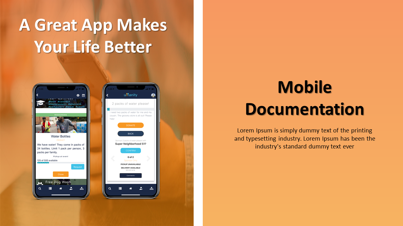 Slide showing mobile app documentation with two smartphones displaying an app for requesting resources in an orange theme.