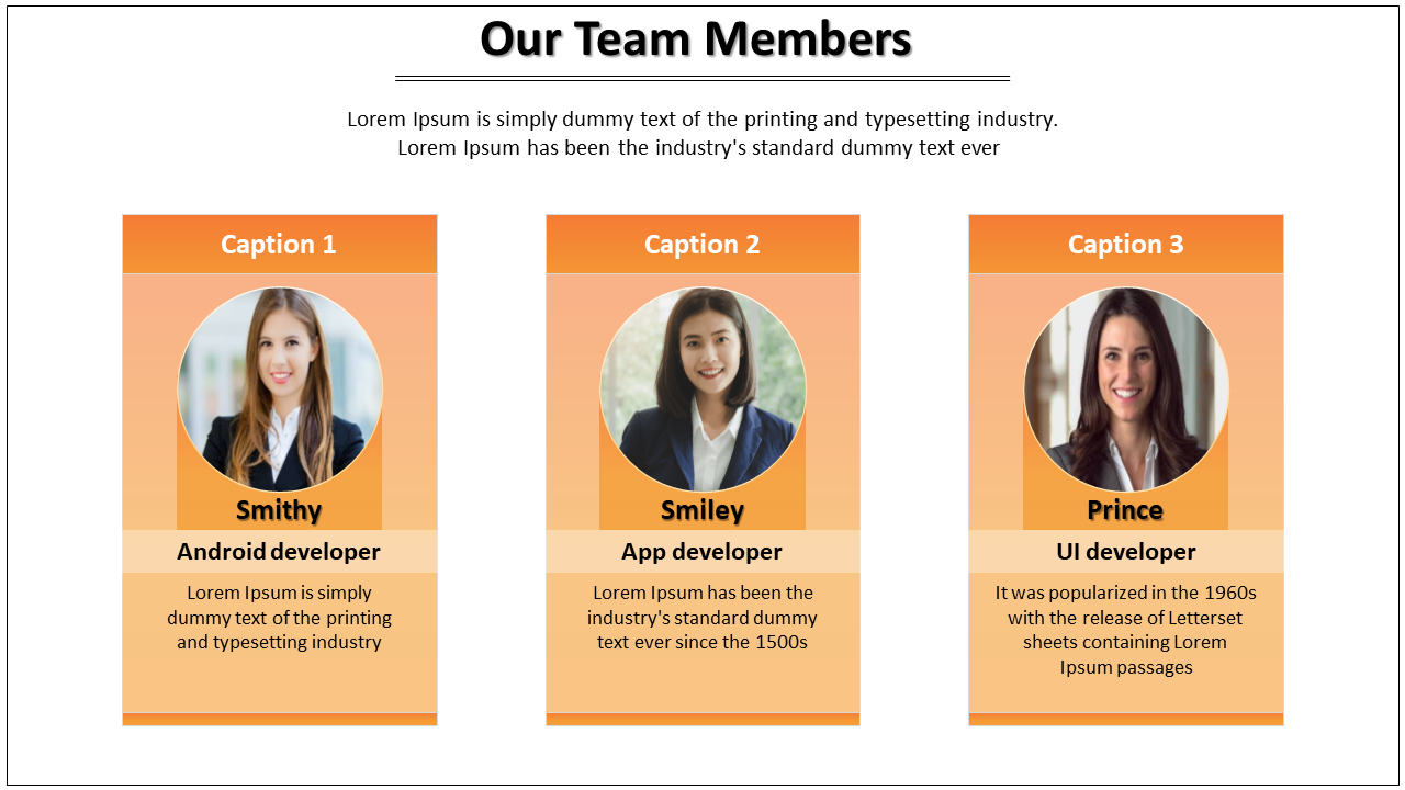 Team members slide with three team members each with captions and photos on an orange and white backdrop.