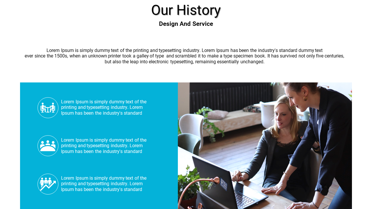 Our History slide with an overview of the company’s design and service with icons and a photo of two women working together.