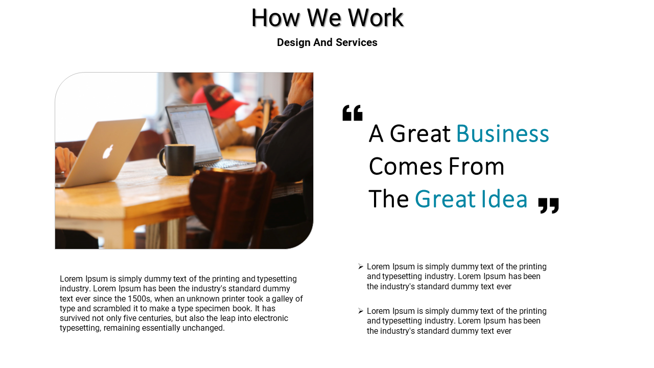 How We Work slide with a quote accompanied by a photo of people working on laptops and a description on a white backdrop.