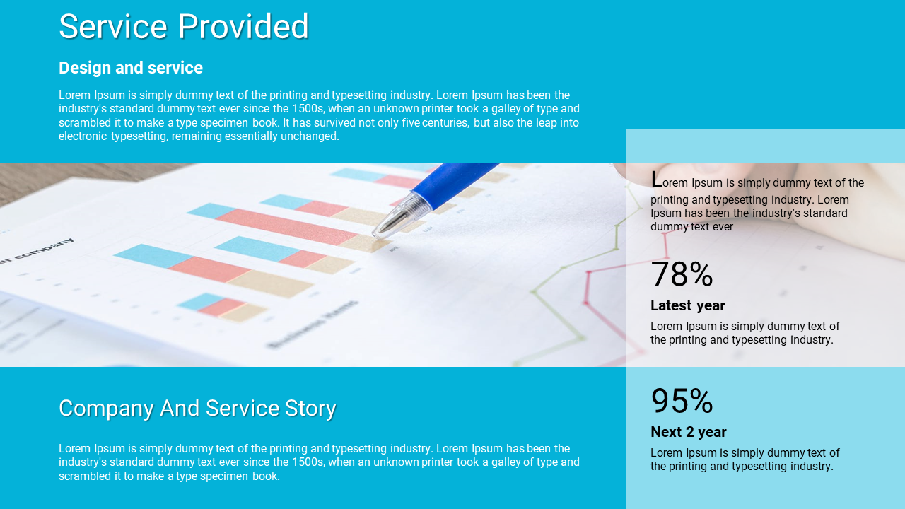 Service Provided slide featuring a blue background with a graph and a pen, showcasing design, and service with a description.
